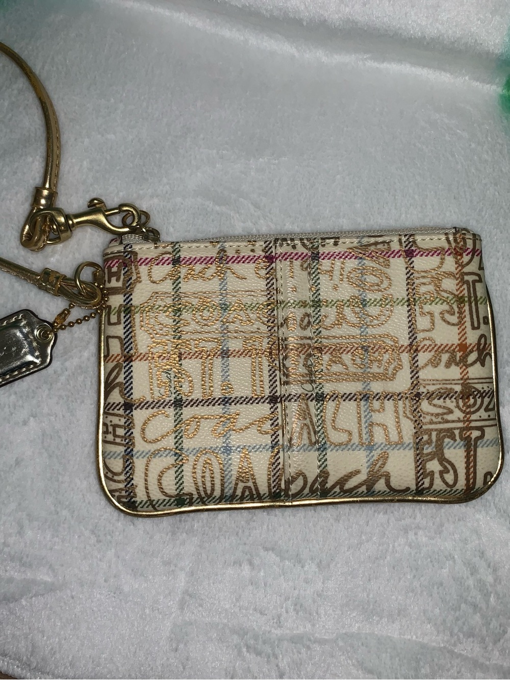 Coach Cream Multicolor Signature Plaid Wristlet with Gold Hardware